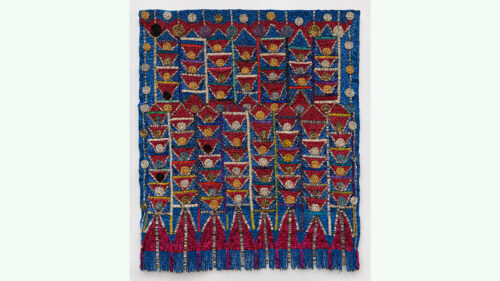 Photo: Sanaa Gateja, Granary, 2023, paper beads on barkcloth, 75 x 64 1/2 inches; 190.5 x 163.83 cm.