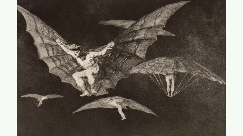 Photo: Francisco de Goya y Lucientes (Spanish, 1746–1828) Disparates: A Way of Flying (Modo de volar), 1864. Etching, burnished aquatint, lavis, drypoint and burin, before engraved numbers, on wove paper. Plate: 9 5/8 x 13 3/4 in. (24.5 x 35 cm); sheet: 12 15/16 x 18 ⅞ in. (32.9 x 48 cm). The Norton Simon Foundation. F.1973.14.07.13.G