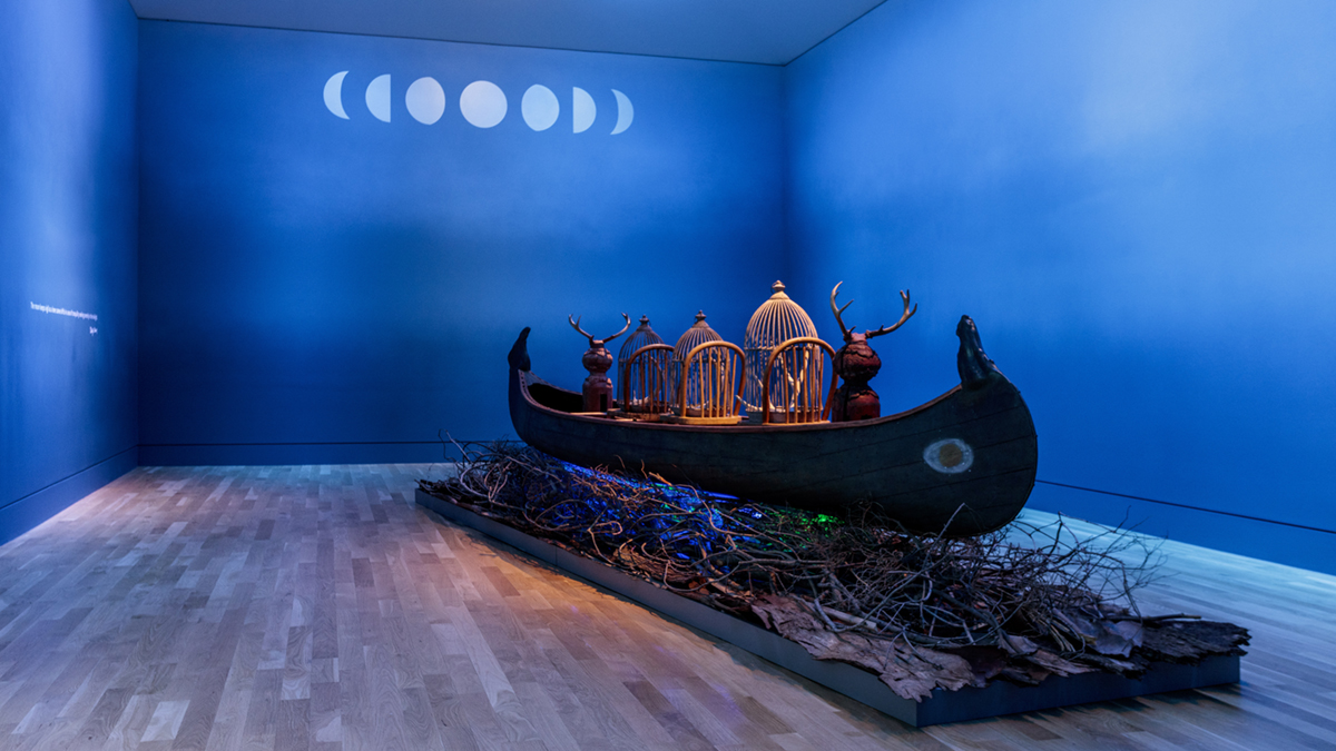 Photo: Betye Saar, Drifting Toward Twilight, 2023 (installation view). © 2023 Betye Saar. Photo: Joshua White / JWPictures.com. The Huntington Library, Art Museum, and Botanical Gardens.