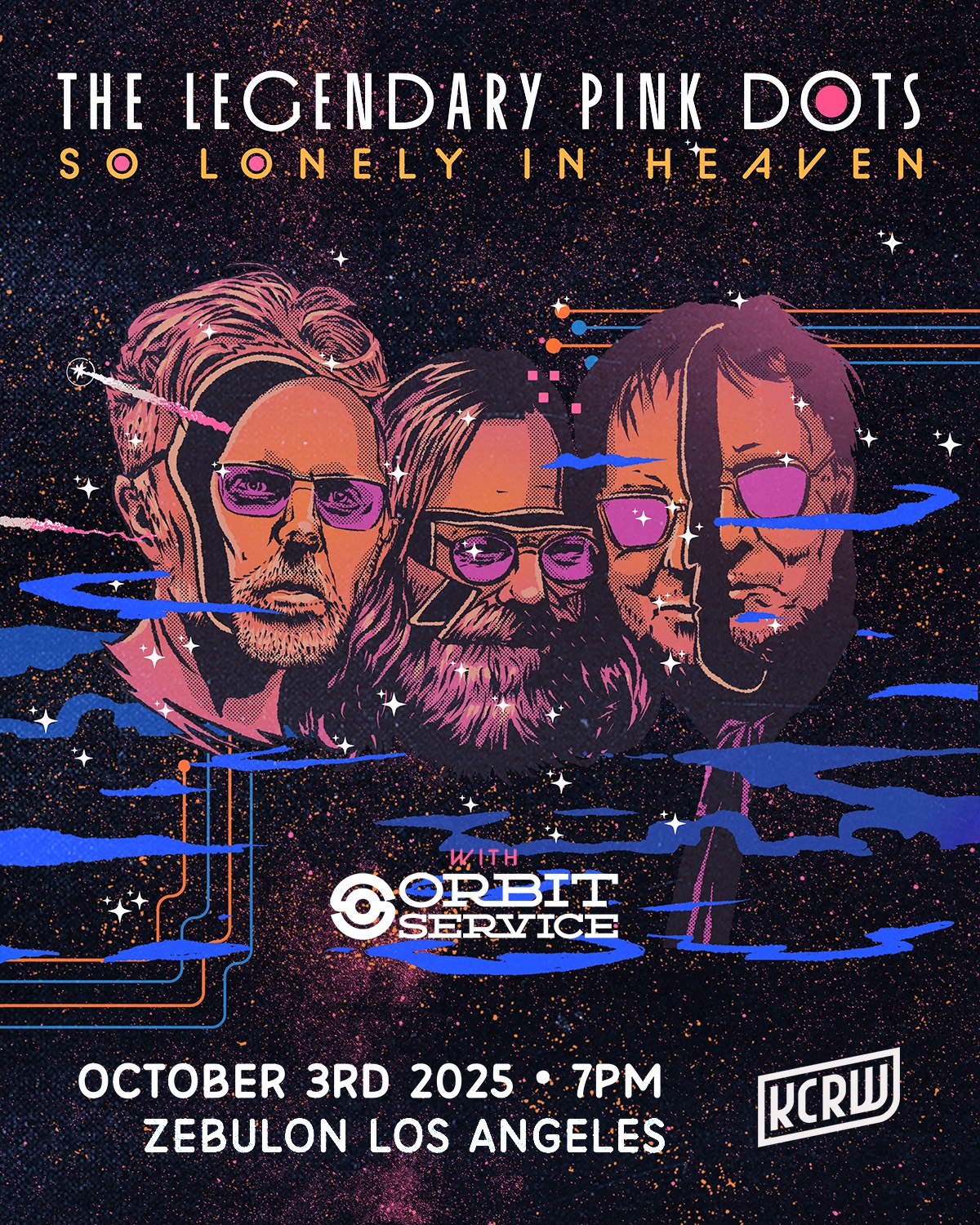Legendary Pink Dots concert poster, trippy and funky pink and blue graphic, for show at Zebulon on October 3rd